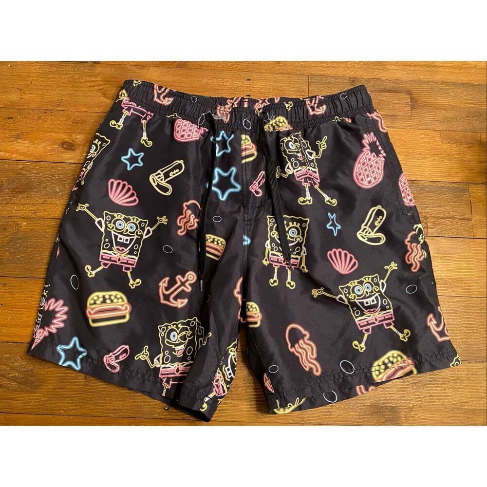 Nickelodeon Large black SpongeBob swim trunks shorts neon colors